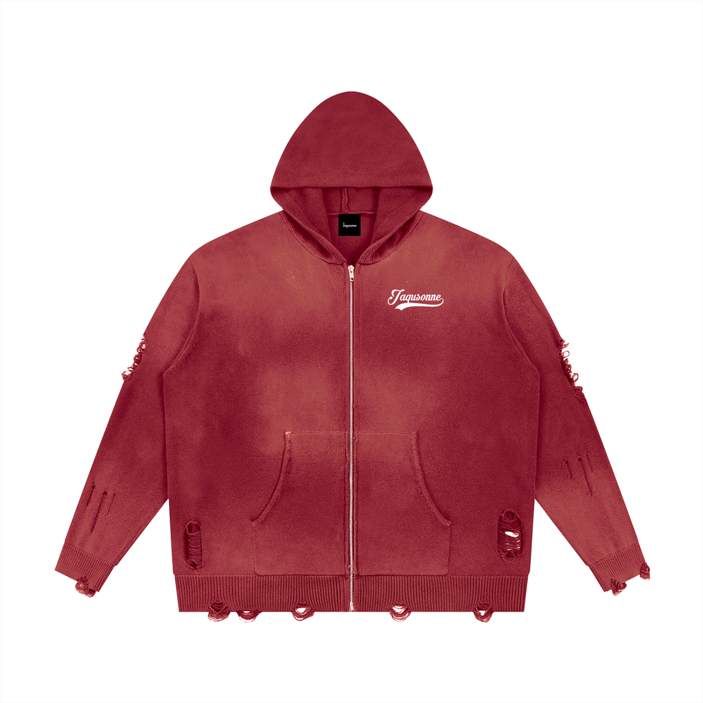 VARSITY DISTRESSED FULL ZIP SWEATER