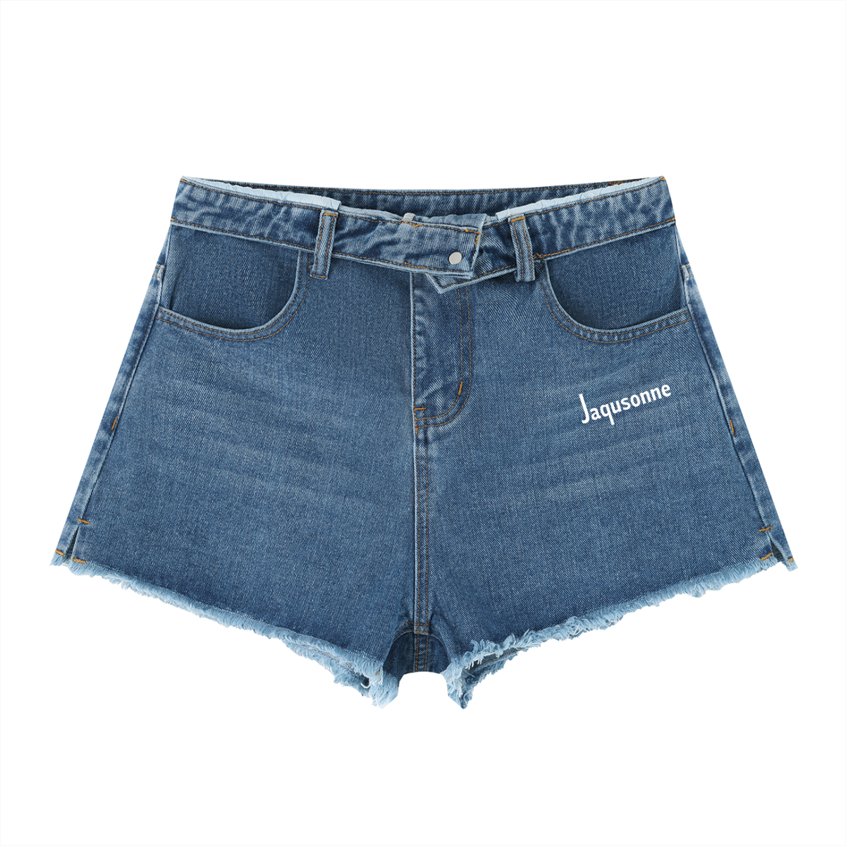 JAQUSONNE LOGO VINTAGE WASH HIGH RISE DENIM SHORTS