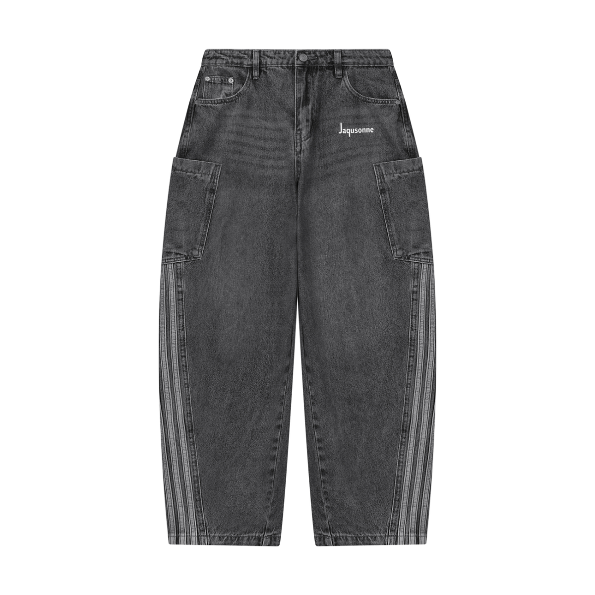 JAQUSONNE LOGO VINTAGE WASH BARREL LEG JEANS