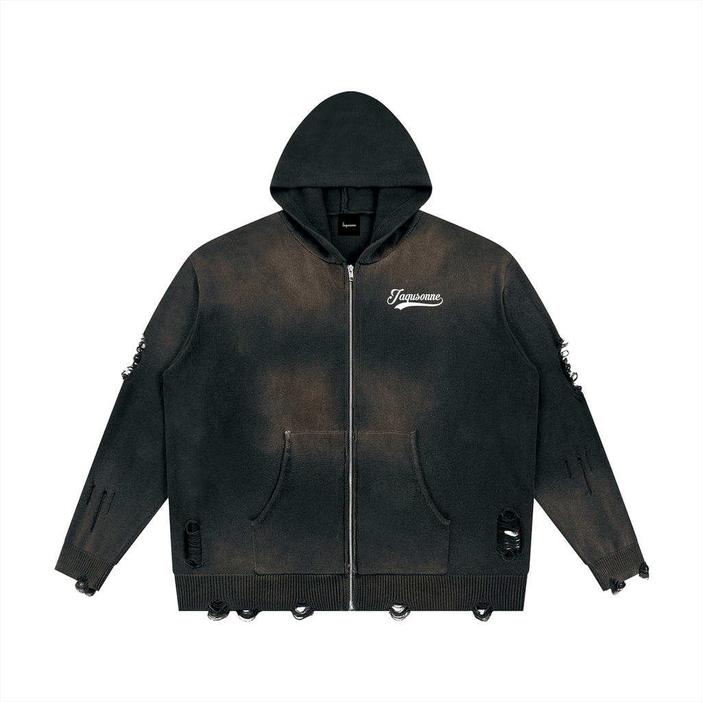 VARSITY DISTRESSED FULL ZIP SWEATER