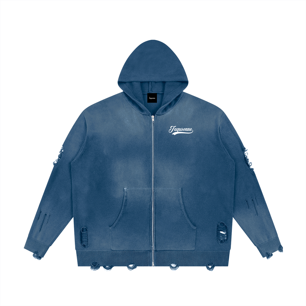 VARSITY DISTRESSED FULL ZIP SWEATER
