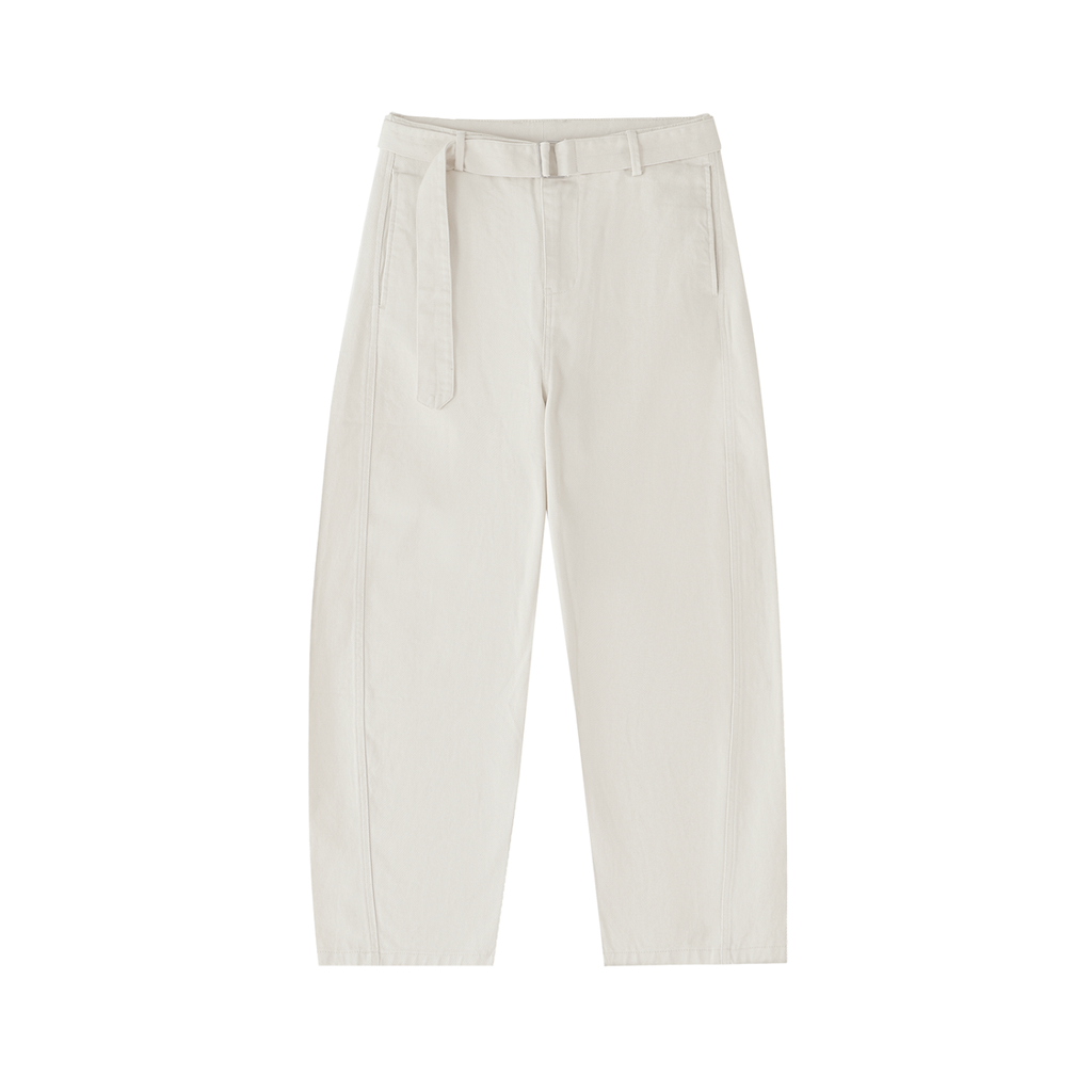 JAQUSONNE LOGO BELTED BARREL-LEG CHINO PANTS