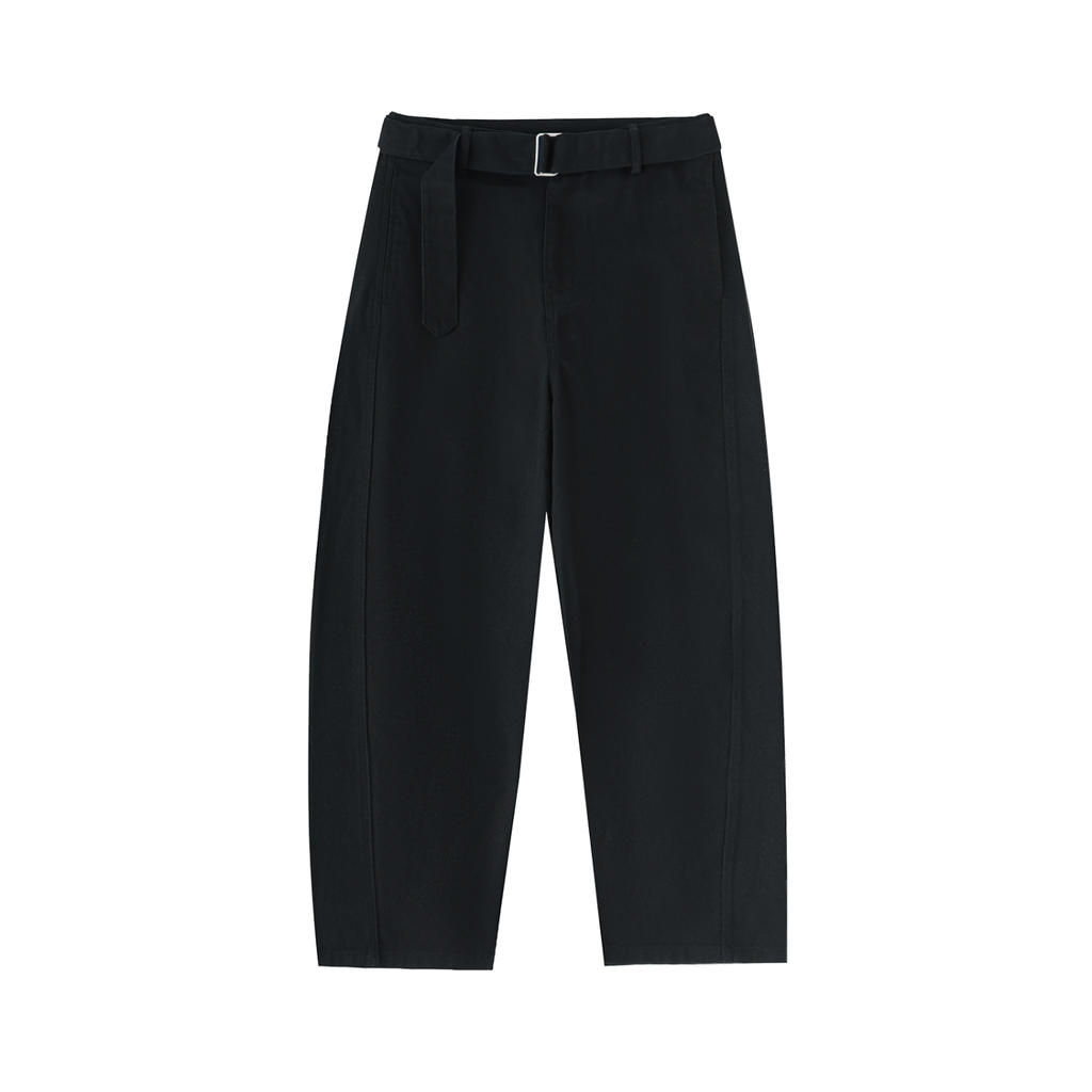 JAQUSONNE LOGO BELTED BARREL-LEG CHINO PANTS
