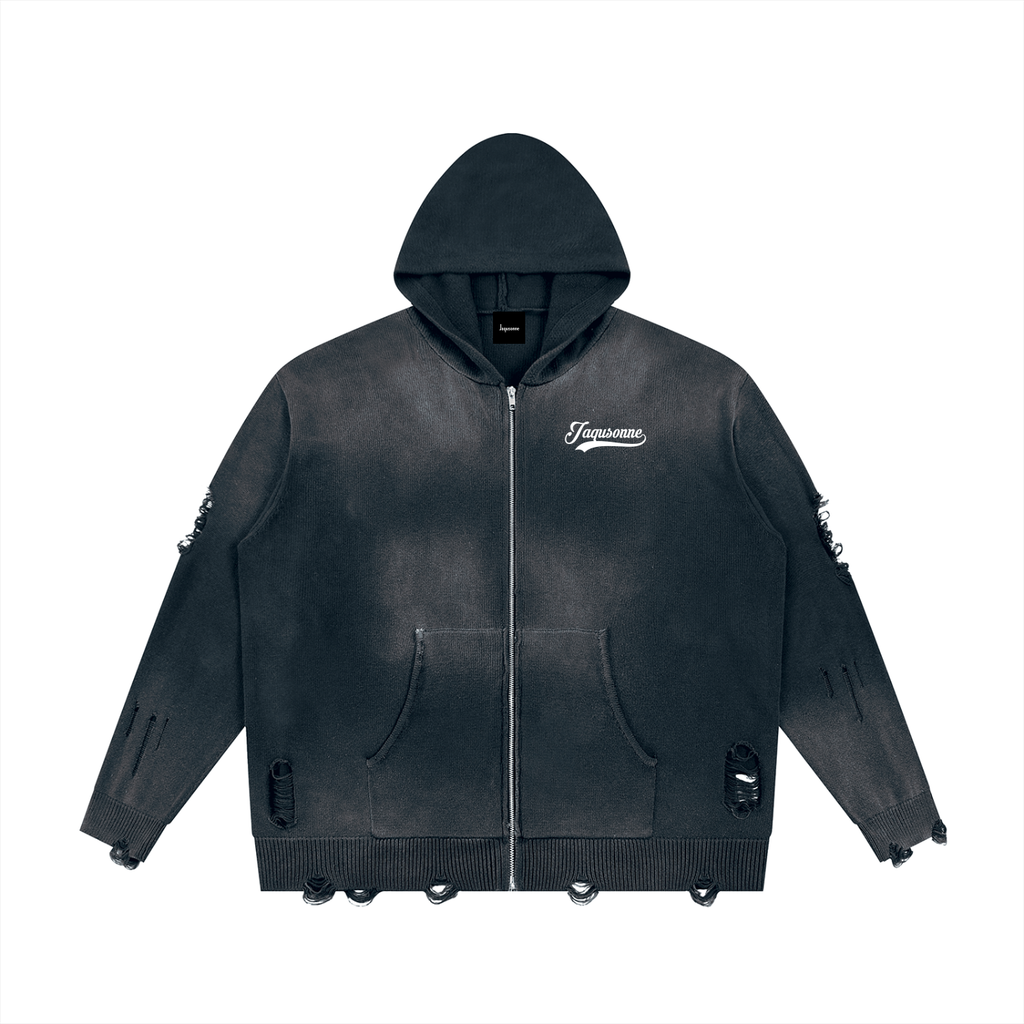 VARSITY DISTRESSED FULL ZIP SWEATER